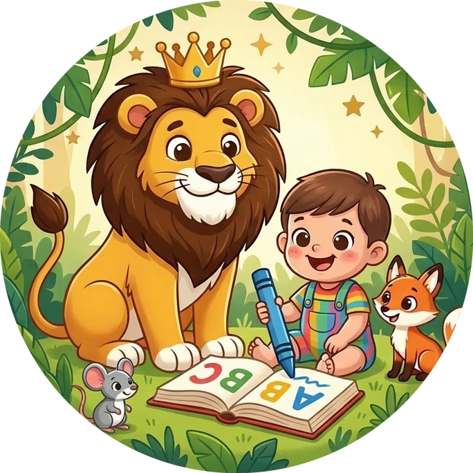 Leo the crowned lion and a happy child learning the ABC together