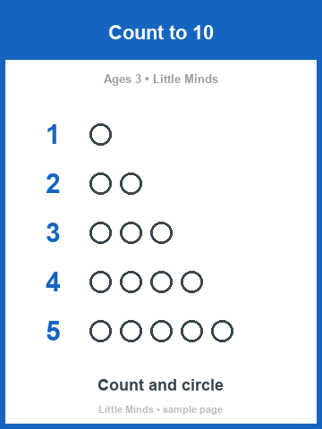 Count to 10 — sample worksheet for 3-year-olds
